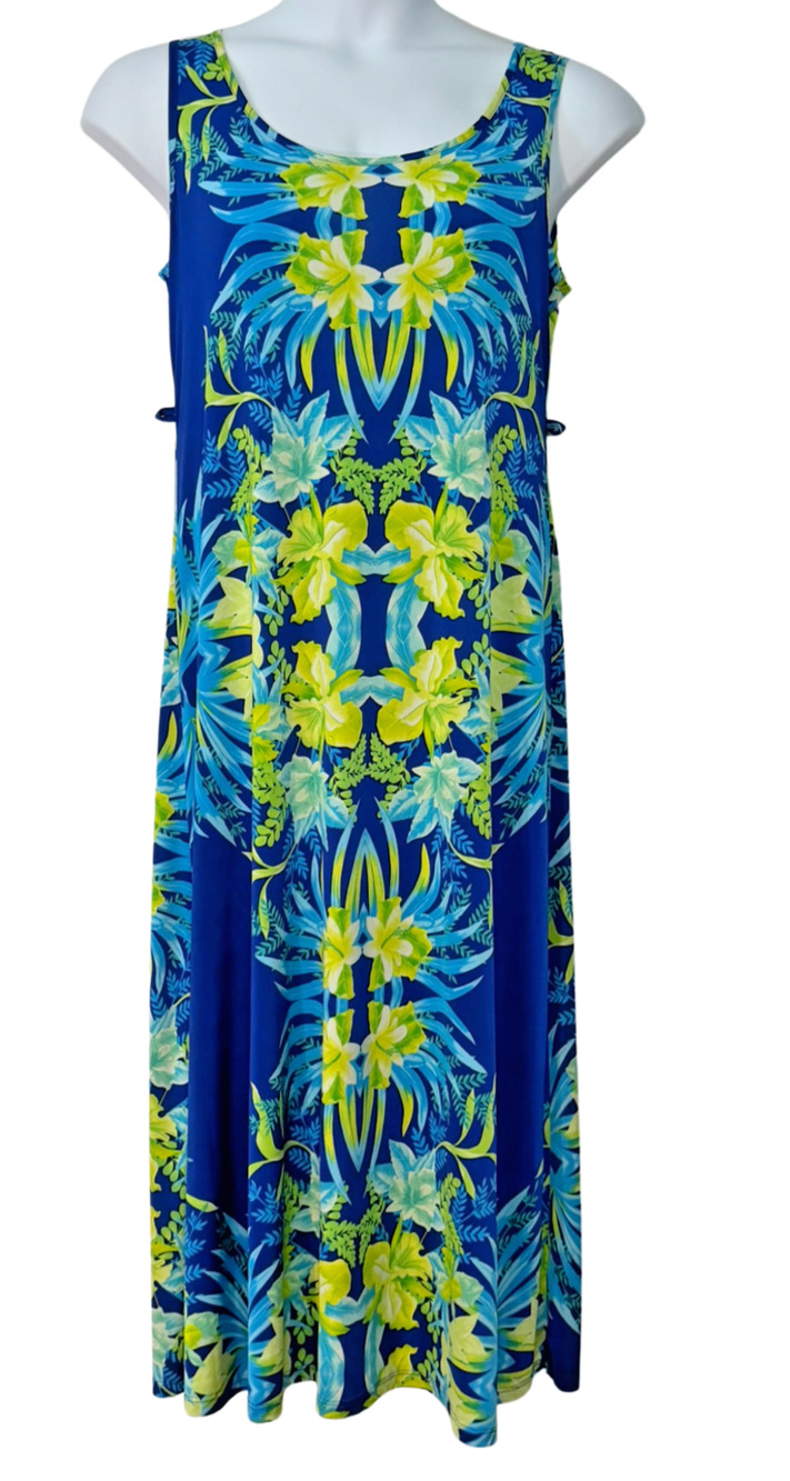 CJ Banks Plus Sz X (14W) Maxi Tank Dress Jersey Knit Blue & Green Tropical Print
